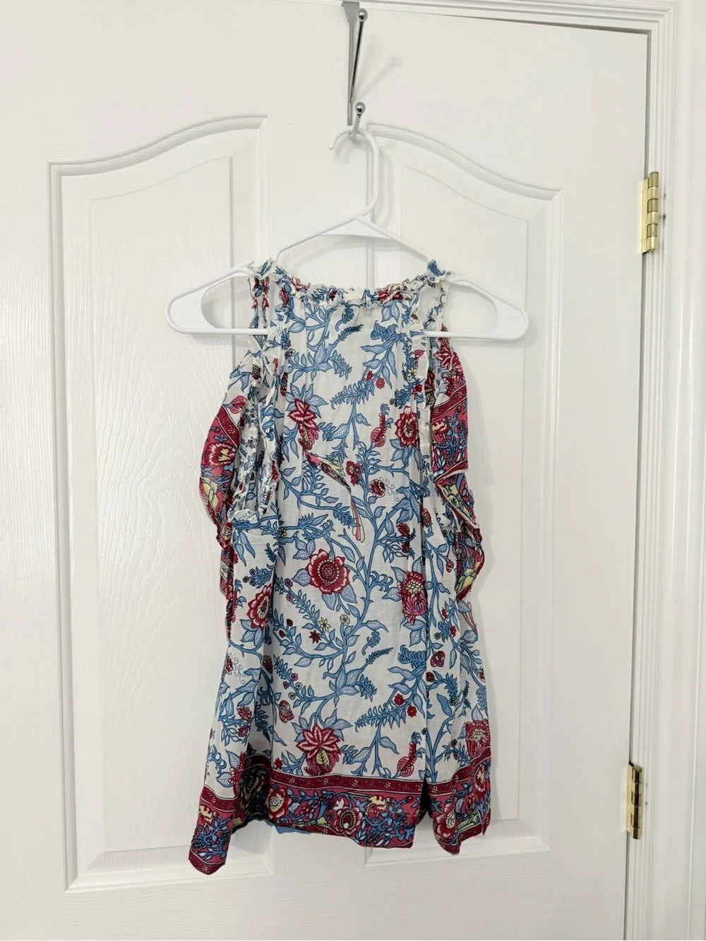 JCrew Point Sur Blue & Red Floral Ruffle Halter Top
